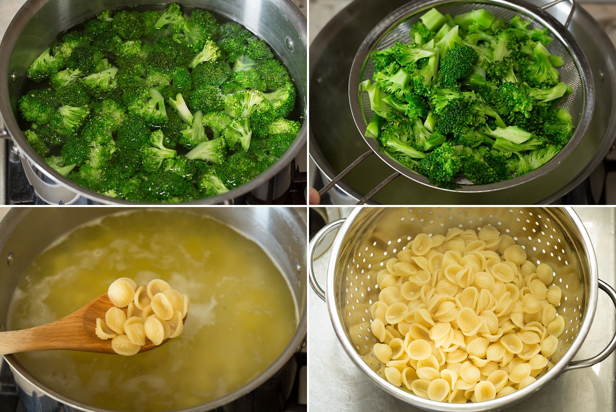 Orecchiette with Sausage and Broccoli Photo: Collage of four images showing how to boil and drain broccoli and cook orecchiette pasta in boiling water in pot.