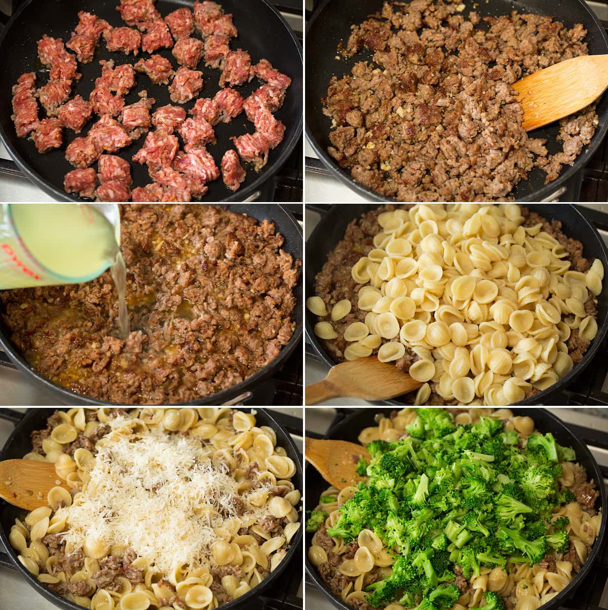 Orecchiette with Sausage and Broccoli Photo: Collage of six images showing how to finish making orecchiette pasta recipe. Includes browning sausage in skillet, adding pasta water, adding cooked pasta, then parmesan and broccoli.