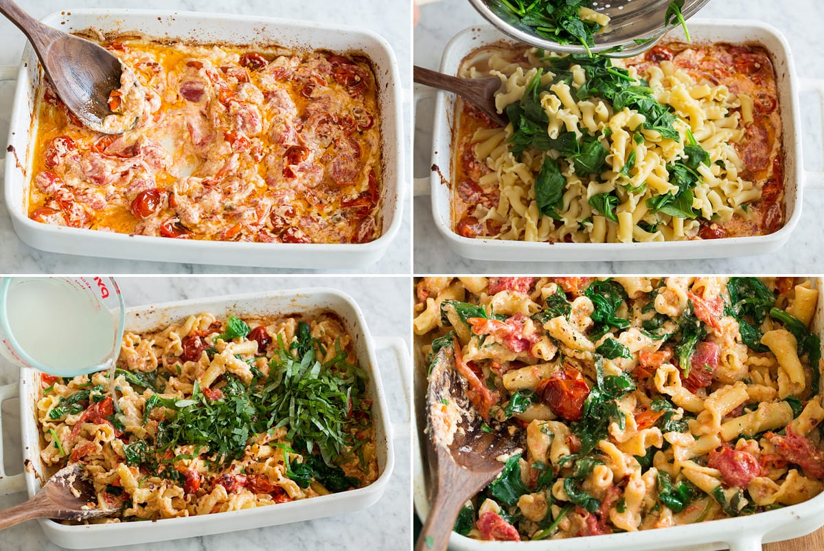 Baked Feta Pasta Collage of four photos showing steps to finish baked feta pasta. Includes mixing roasted tomatoes and feta, adding cooked pasta and spinach, thinning with pasta water and shows completed dish.