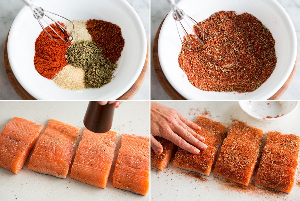 Blackened Salmon Collage of four photos showing process of making cajun spice seasoning for blackened salmon and spreading it over the fillets.