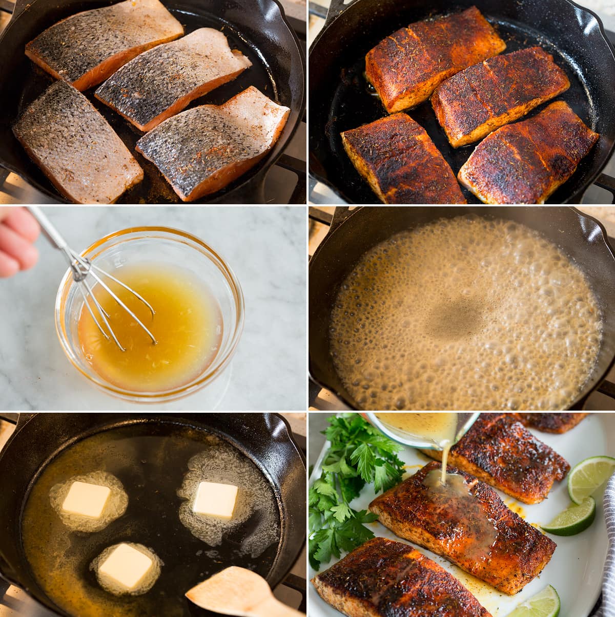 Blackened Salmon Collage of six images showing how to blacken salmon in skillet then making a honey lime sauce to serve atop.