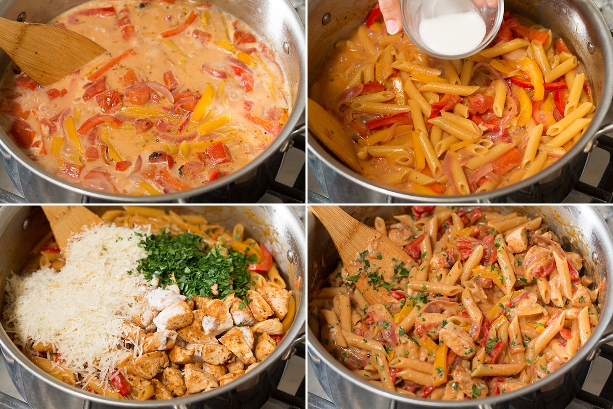 One Pot Cajun Chicken Pasta Collage of four continued photos of making cajun chicken pasta. Includes pasta boiling, pasta after cooking, adding remaining ingredients and the finished product.