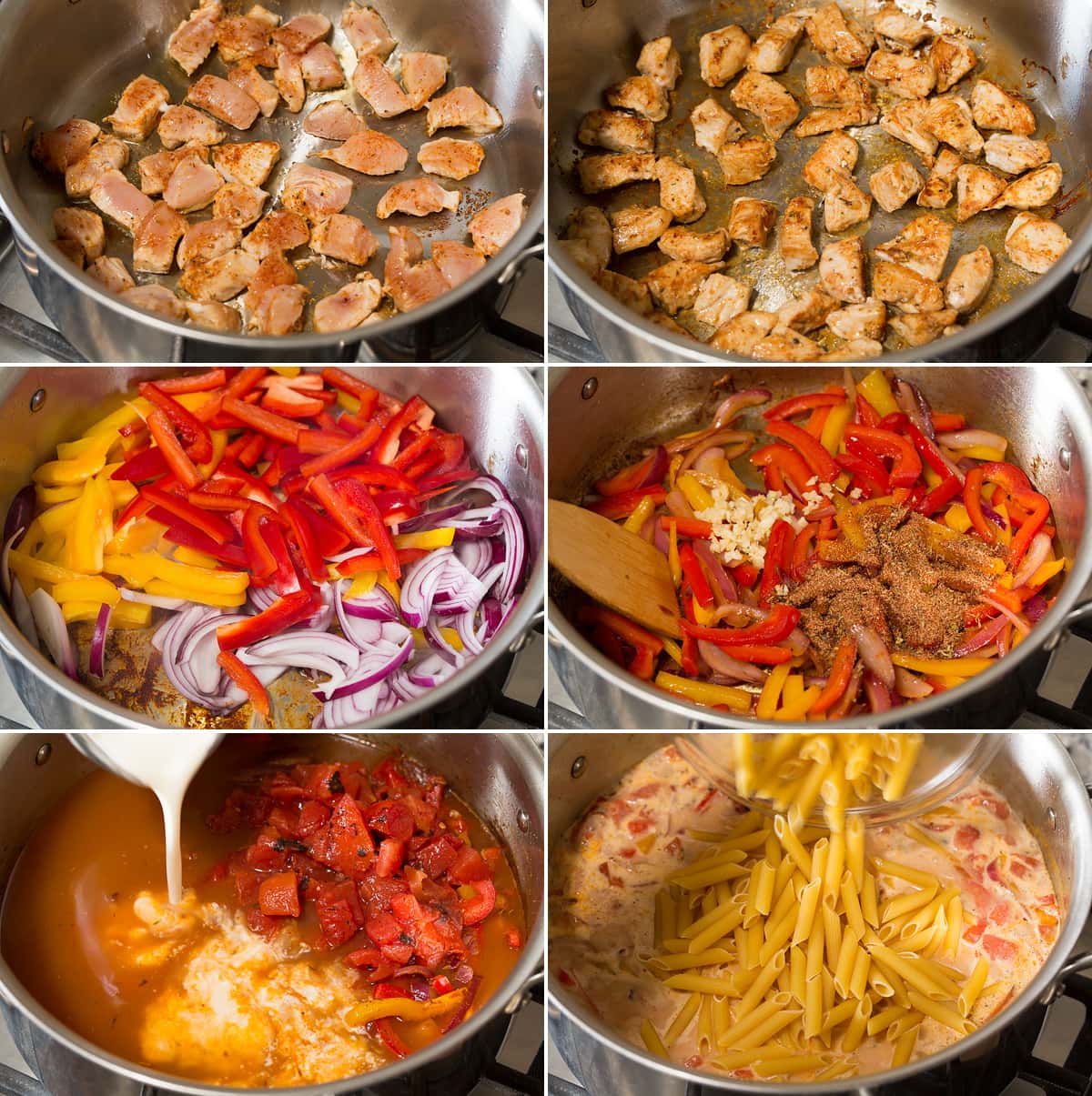 One Pot Cajun Chicken Pasta Photo: Collage of six images showing steps of browning chicken in pot, sautéing vegetables, adding liquid and pasta to pot for a cajun chicken pasta recipe.