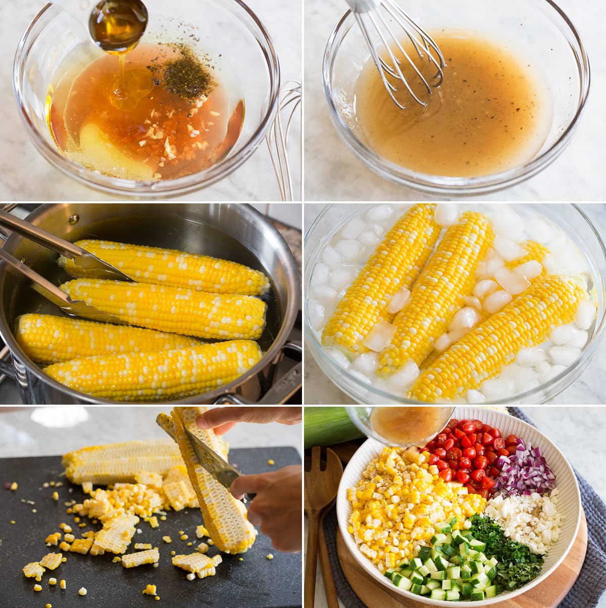Corn Salad Photo: Collage of six images showing steps of making dressing for corn salad. Boiling corn salad then cooling in ice water. Cutting corn kernels from cob then adding all salad ingredients to a large bowl.