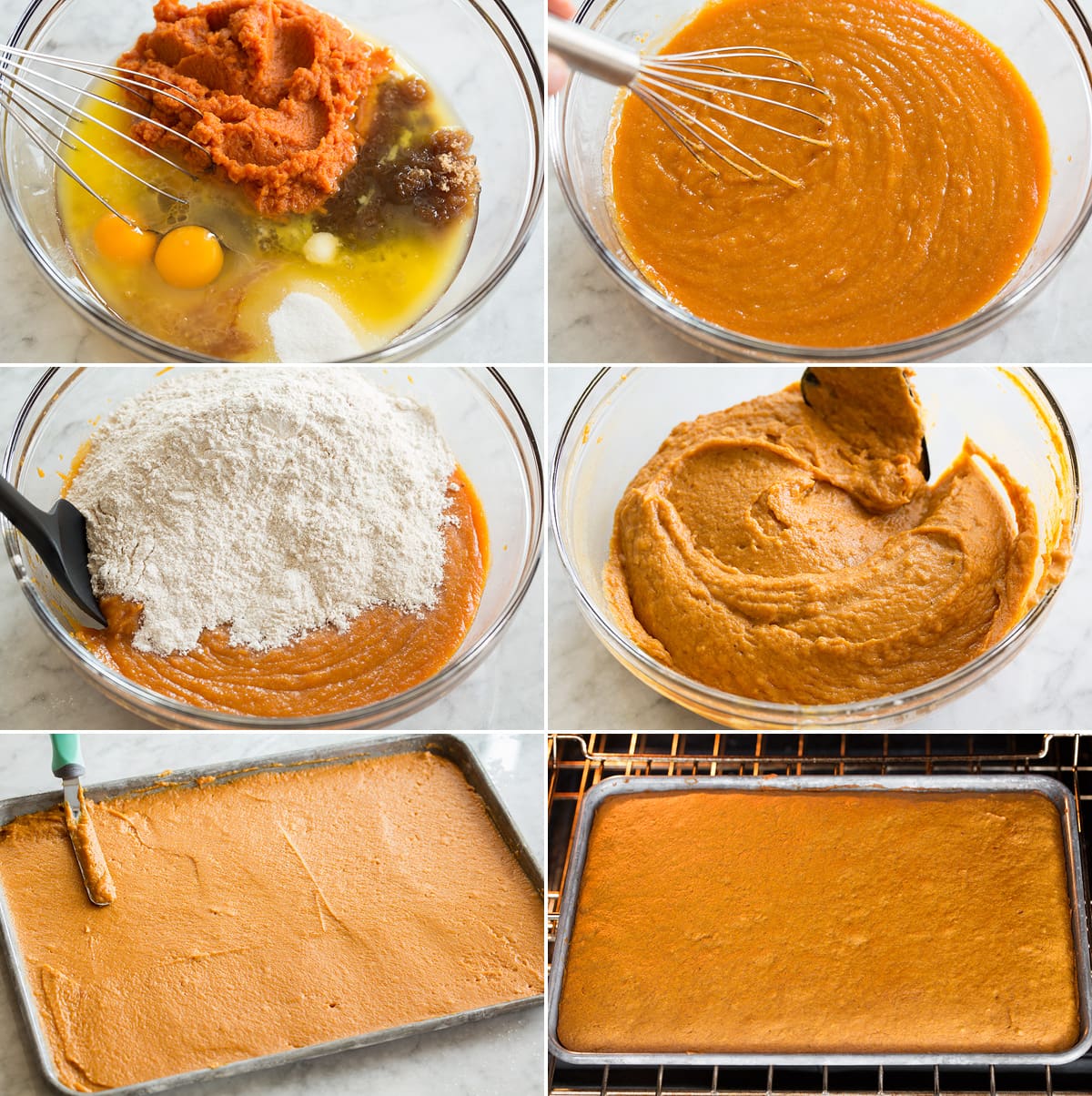 Pumpkin Bars Collage of six photos showing steps to make pumpkin bars. Includes combining wet and dry ingredients, spreading into pan, and baking.