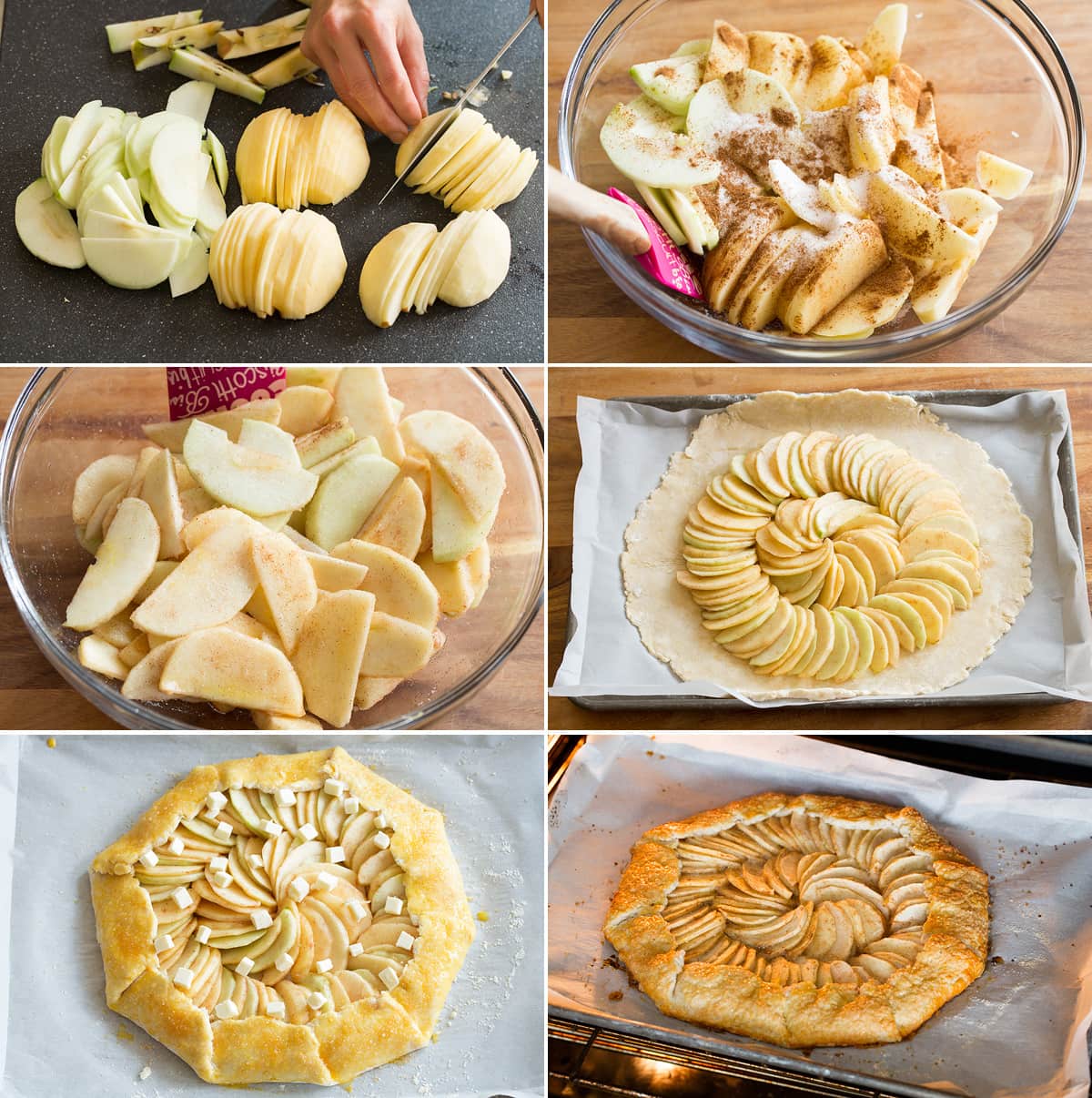 Apple Galette Collage of six images showing how to make apple topping for galette and assemble the gallete. Also shows it baking in the oven.