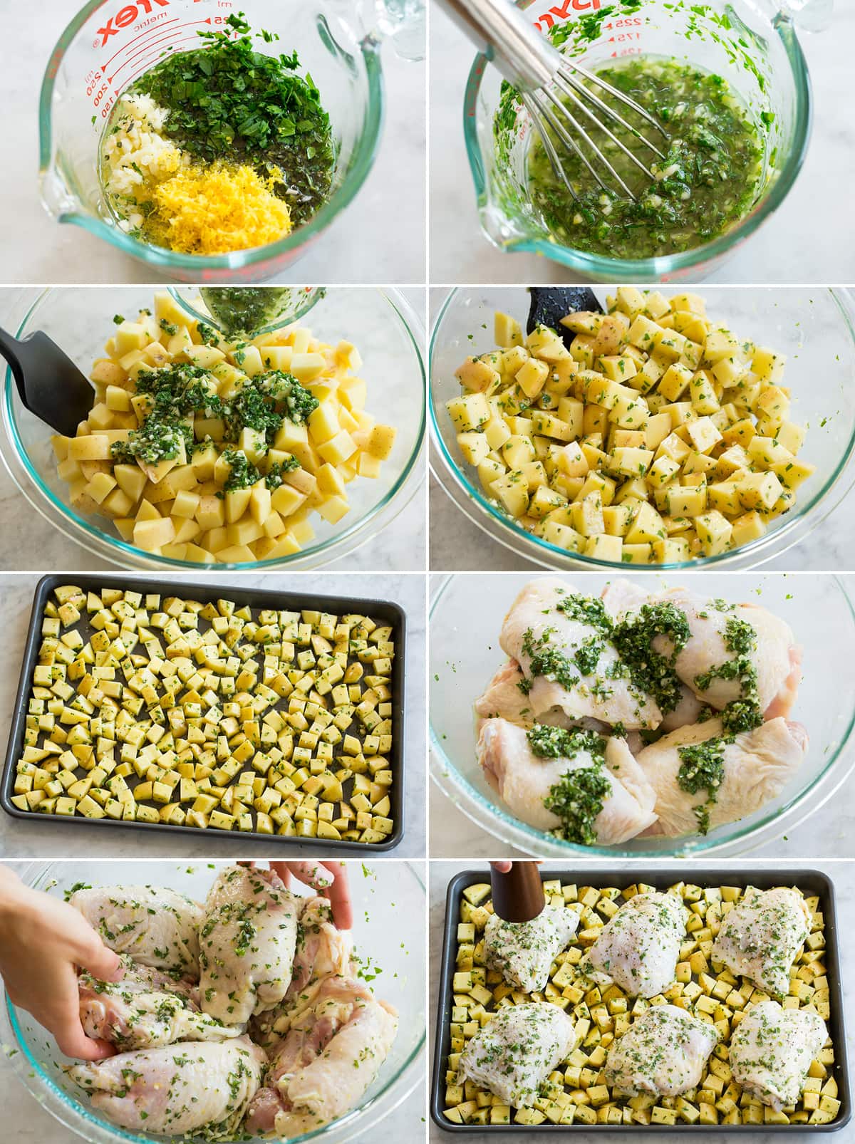 Baked Chicken and Potatoes Collage of eight photos showing how to make one pan chicken and potatoes. Includes making herb seasoning, tossing with potatoes, spreading on pan. Then tossing chicken with herb mixture and spreading over potatoes on pan.