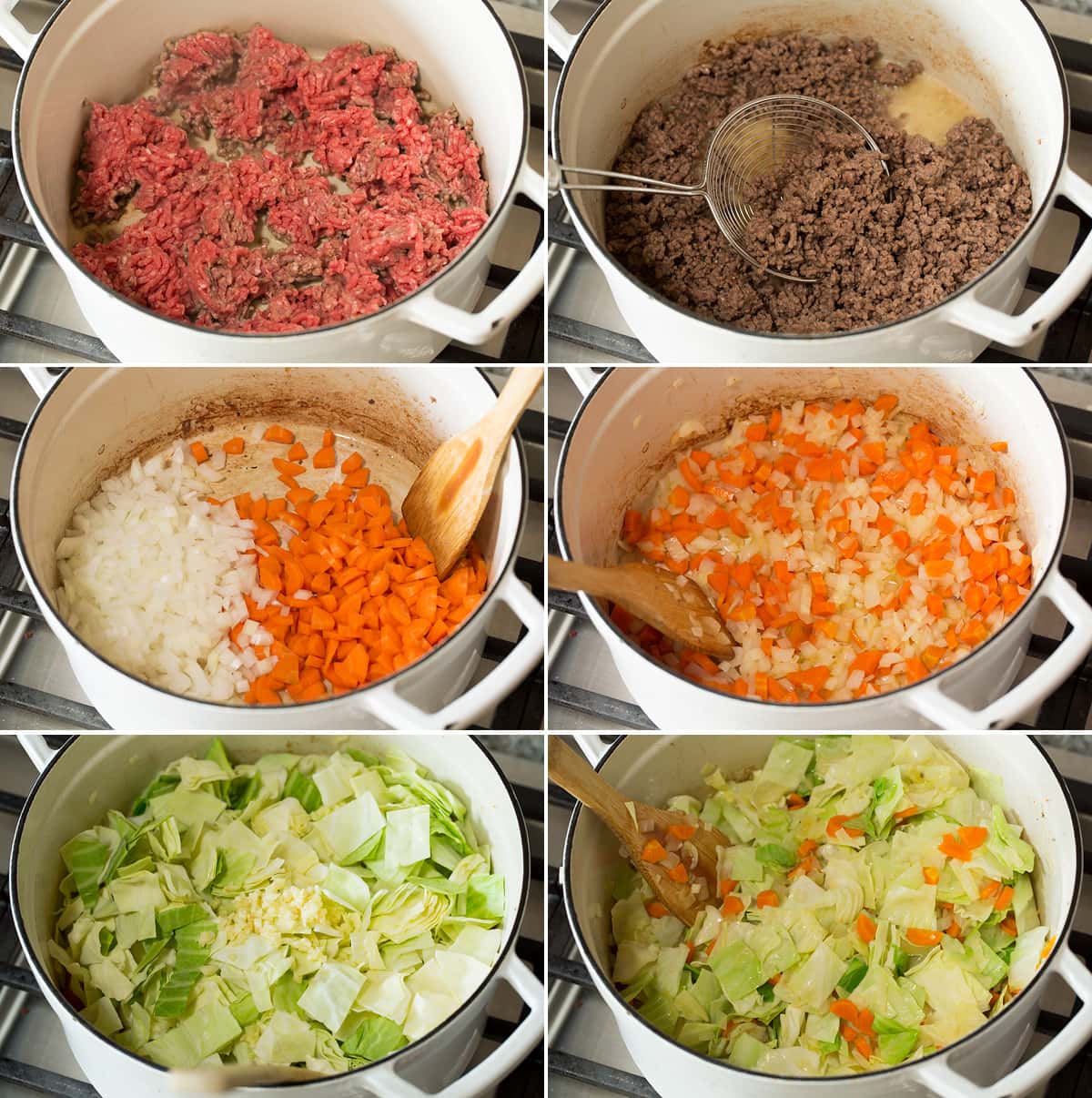 Cabbage Roll Soup Collage of six photos showing steps of making cabbage roll soup in a pot. Includes browning beef then sauteing carrots and onion, then sauteing cabbage.
