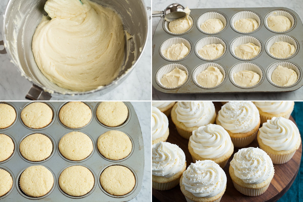 Vanilla Cupcakes Collage of four images showing completed batter, pouring cupcakes into cupcake pan, baked cupcakes and frosted cupcakes.