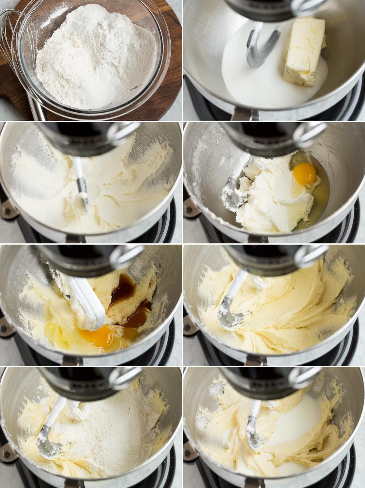 Vanilla Cupcakes Collage of eight images showing how to make cupcake batter.
