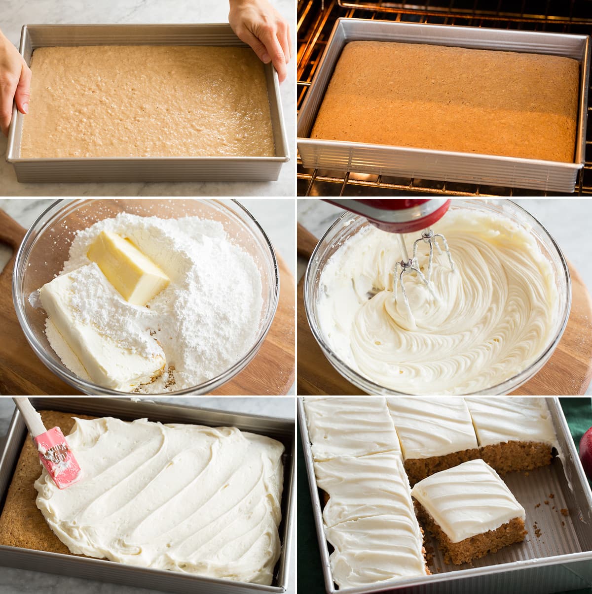 Applesauce Cake Collage of 6 images showing applesauce cake in pan before and after baking. Then shows making cream cheese frosting and frosting cake.
