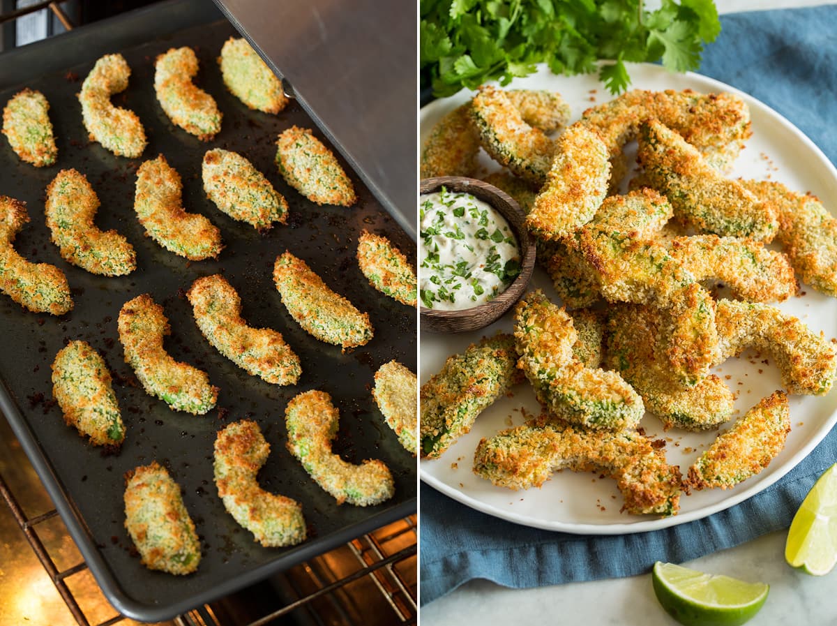 Avocado Fries Avocado fries baking on a baking sheet in the oven.