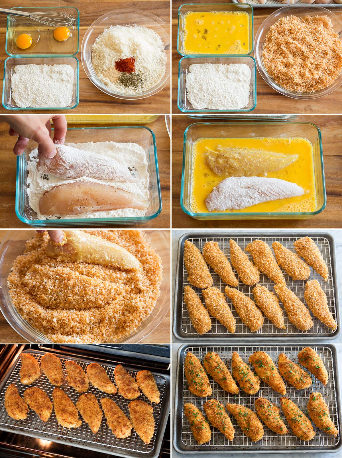 Baked Chicken Tenders Collage of eight photos showing step by step photos of making baked chicken tenders. Shows dredging chicken in flour, egg and seasoned panko. Then shown baking on a wire rack over a baking sheet.