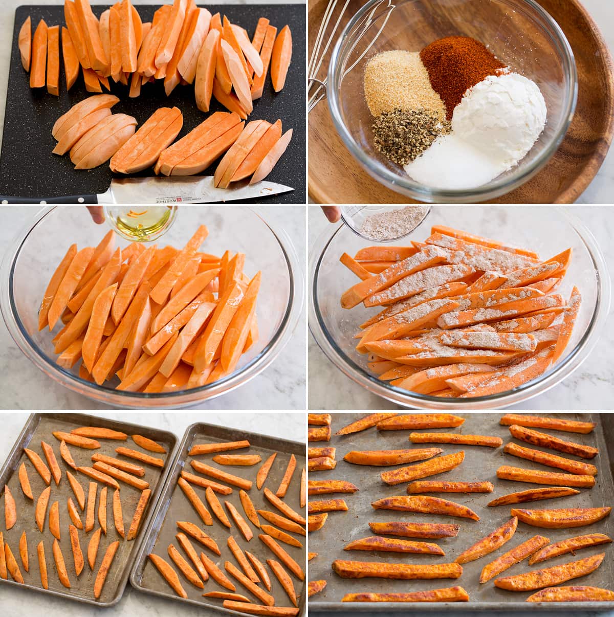 Sweet Potato Fries Collage of six images showing steps of cutting and preparing sweet potato fries.