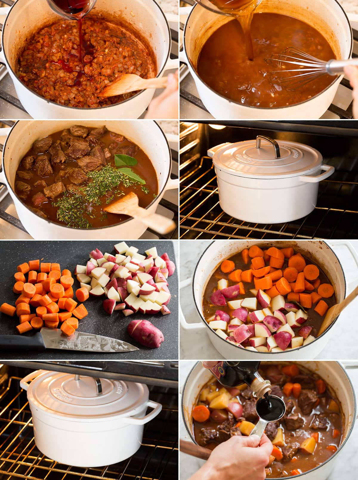 Beef Stew Eight images together showing how to finish beef stew with wine, broth and herbs. Then shows baking in the oven, and stirring in potatoes, carrots and balsamic vinegar.