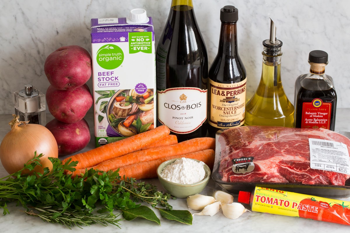 Beef Stew Image of ingredients that are used to make beef stew shown on a counter.
