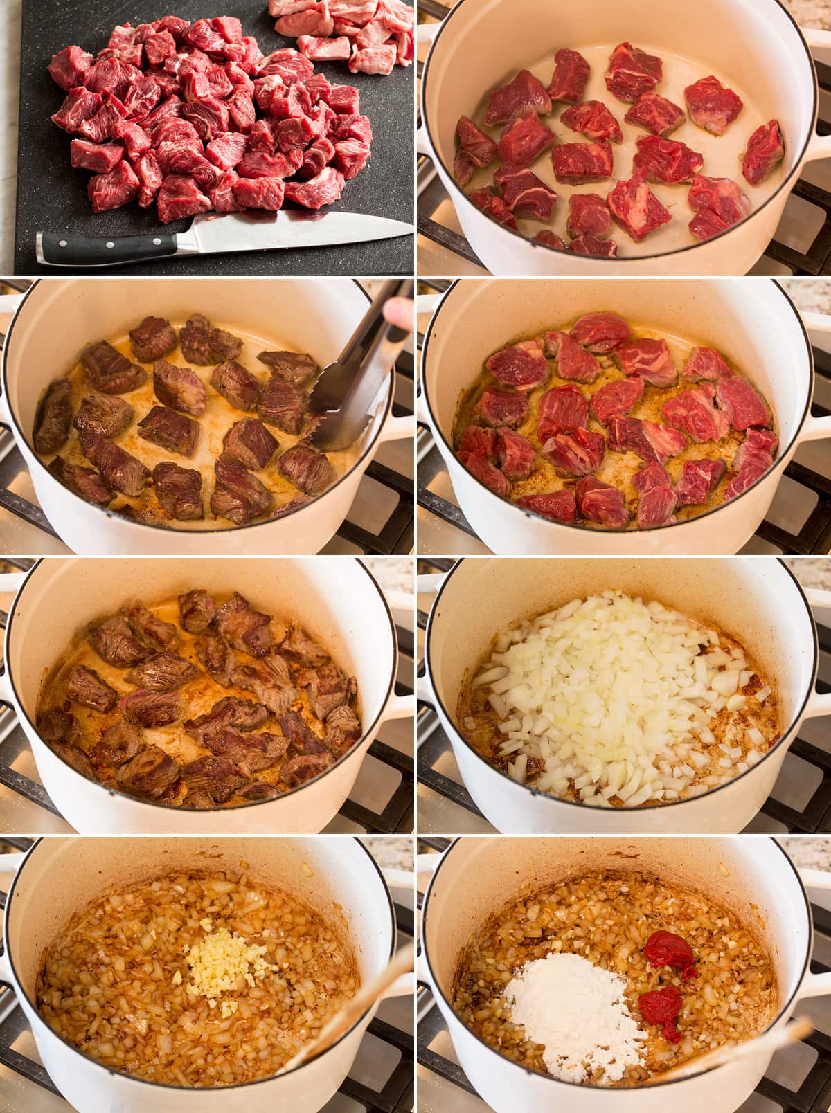 Beef Stew Collage of eight images showing steps of browning beef for beef stew in batches, then sautéing vegetables and making a roux.