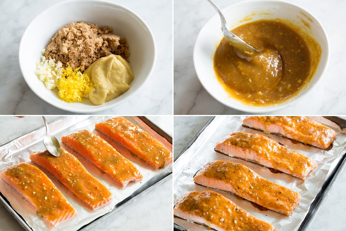 Brown Sugar Glazed Salmon Collage of four photos showing steps of making brown sugar glaze with mustard, garlic and lemon zest. Then shows brushing over salmon.