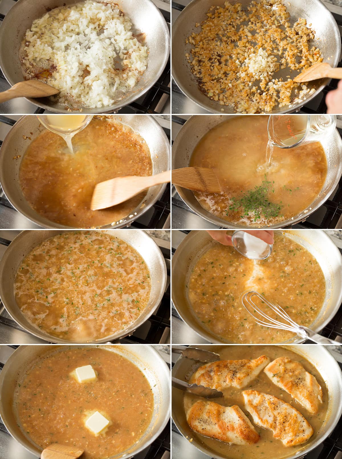 Chicken in White Wine Sauce Collage of eight photos showing how to make white wine sauce in a skillet.