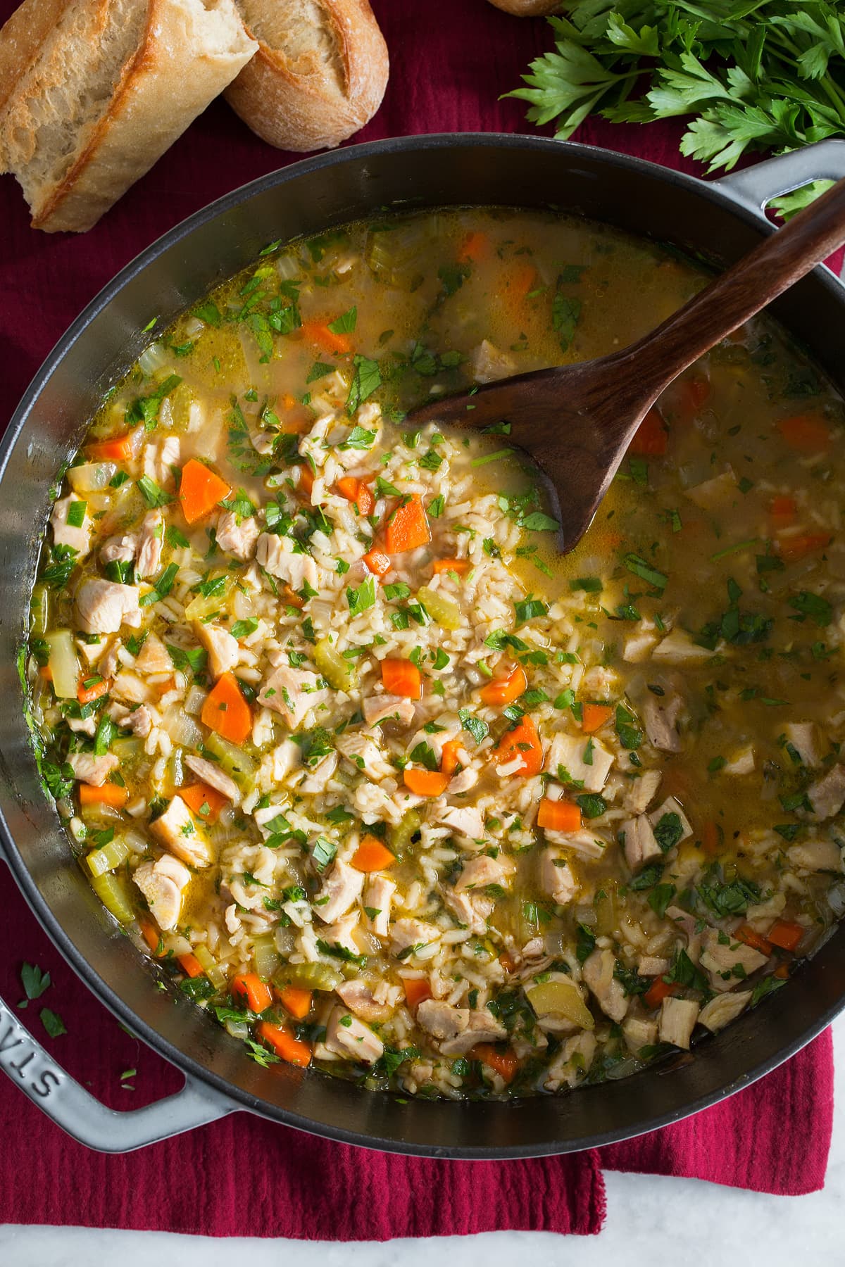 Chicken and Rice Soup Close up photo of chicken rice soup.