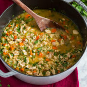 Pot of chicken and rice soup