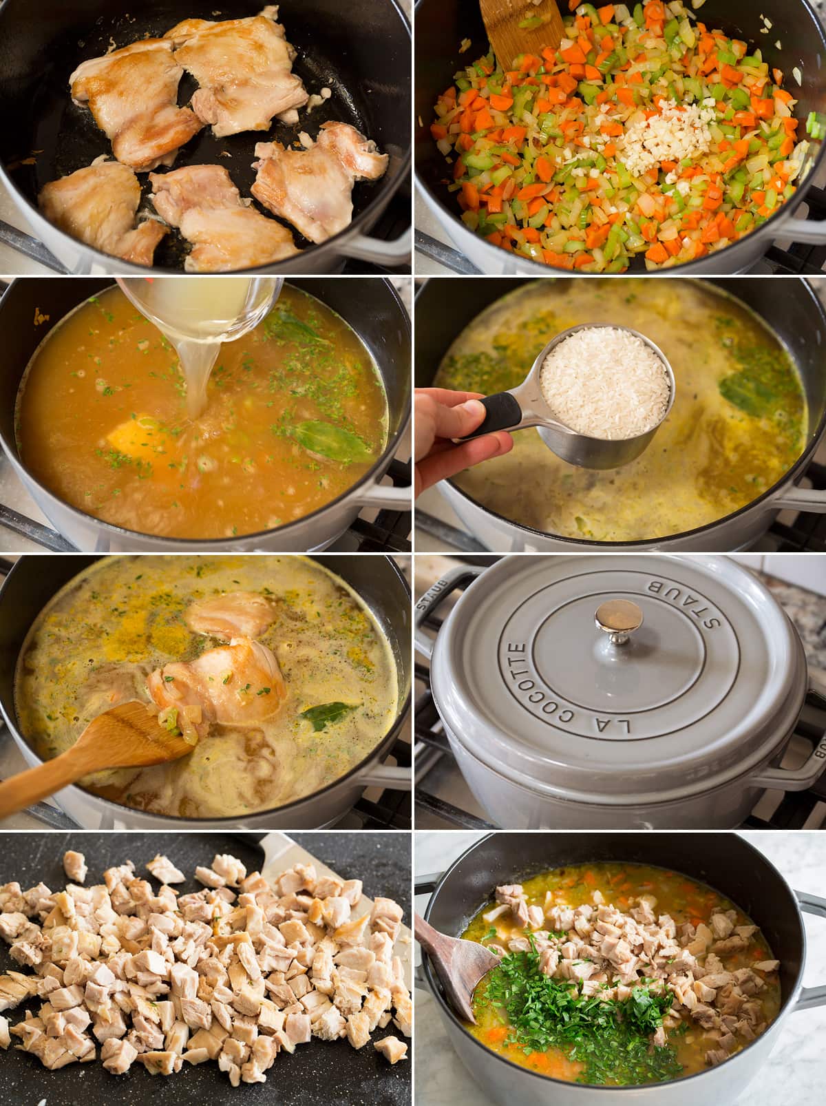 Chicken and Rice Soup Eight photos together showing steps of making a pot of chicken and rice soup.