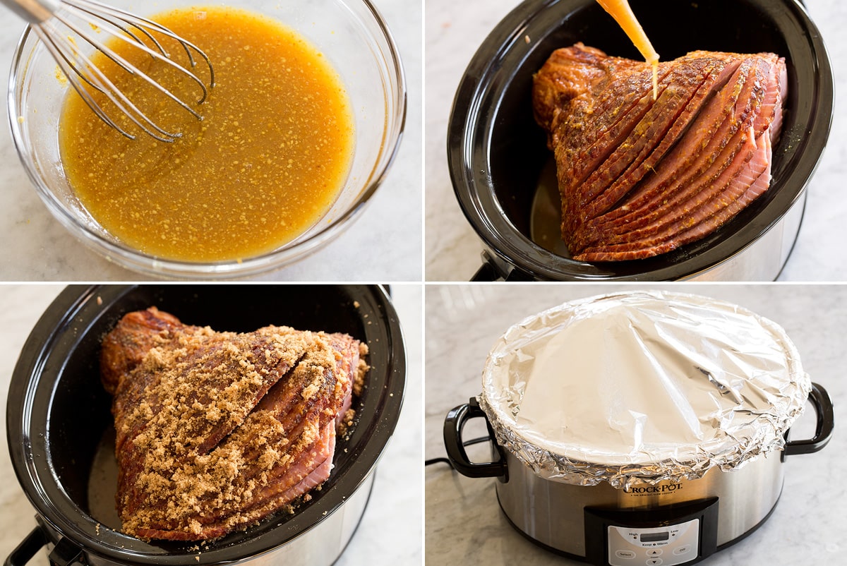 Crockpot Ham Collage of four photos showing how to make maple glaze mixture for ham, basting it over ham in a slow cooker. Then shows covering it with brown sugar and wrapping foil over the crockpot.