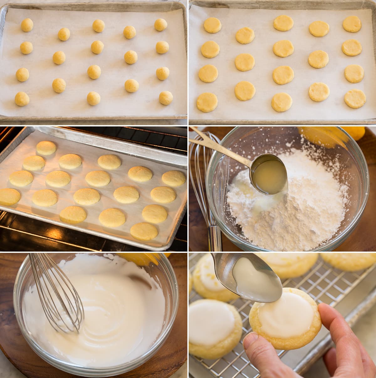 Lemon Meltaway Cookies Collage of six photos showing how to roll, flatten and bake lemon meltaway cookies. Also includes photos of making glaze and spreading over cookies.