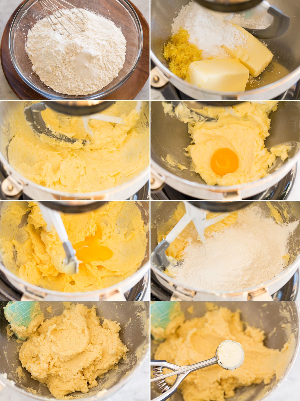 Lemon Meltaway Cookies Collage of eight photos showing step by step photos to make lemon cookie dough.