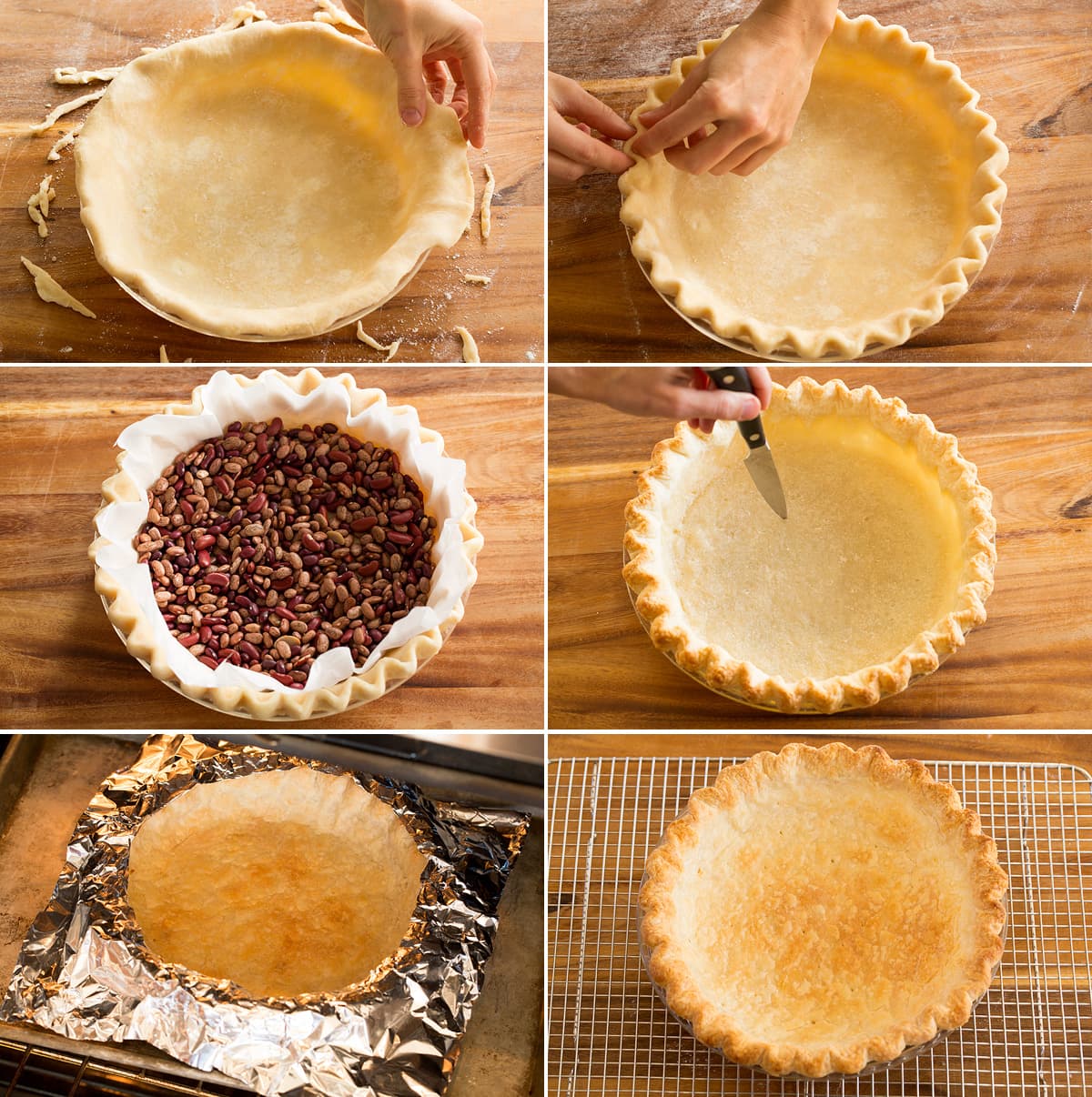 Homemade Pie Crust Collage of six images showing how to prepare a blind baked pie crust.