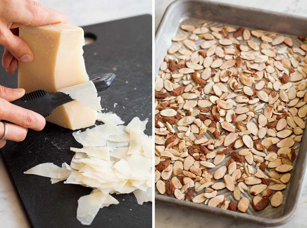 Arugula Salad Collage of two photos showing parmesan cheese being shaved and almonds on baking sheet after toasting.
