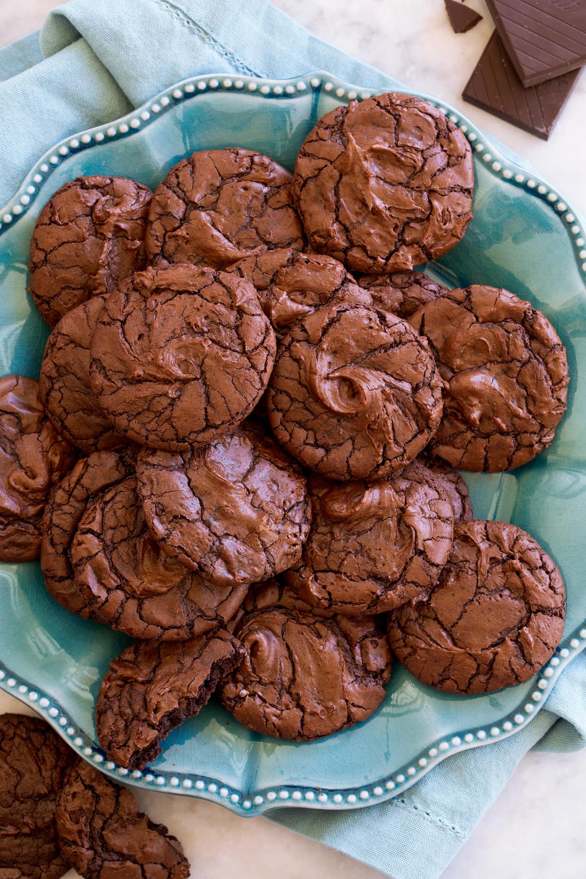 Brownie Cookies Plate full of crinkled brownie cookies on a large plate.