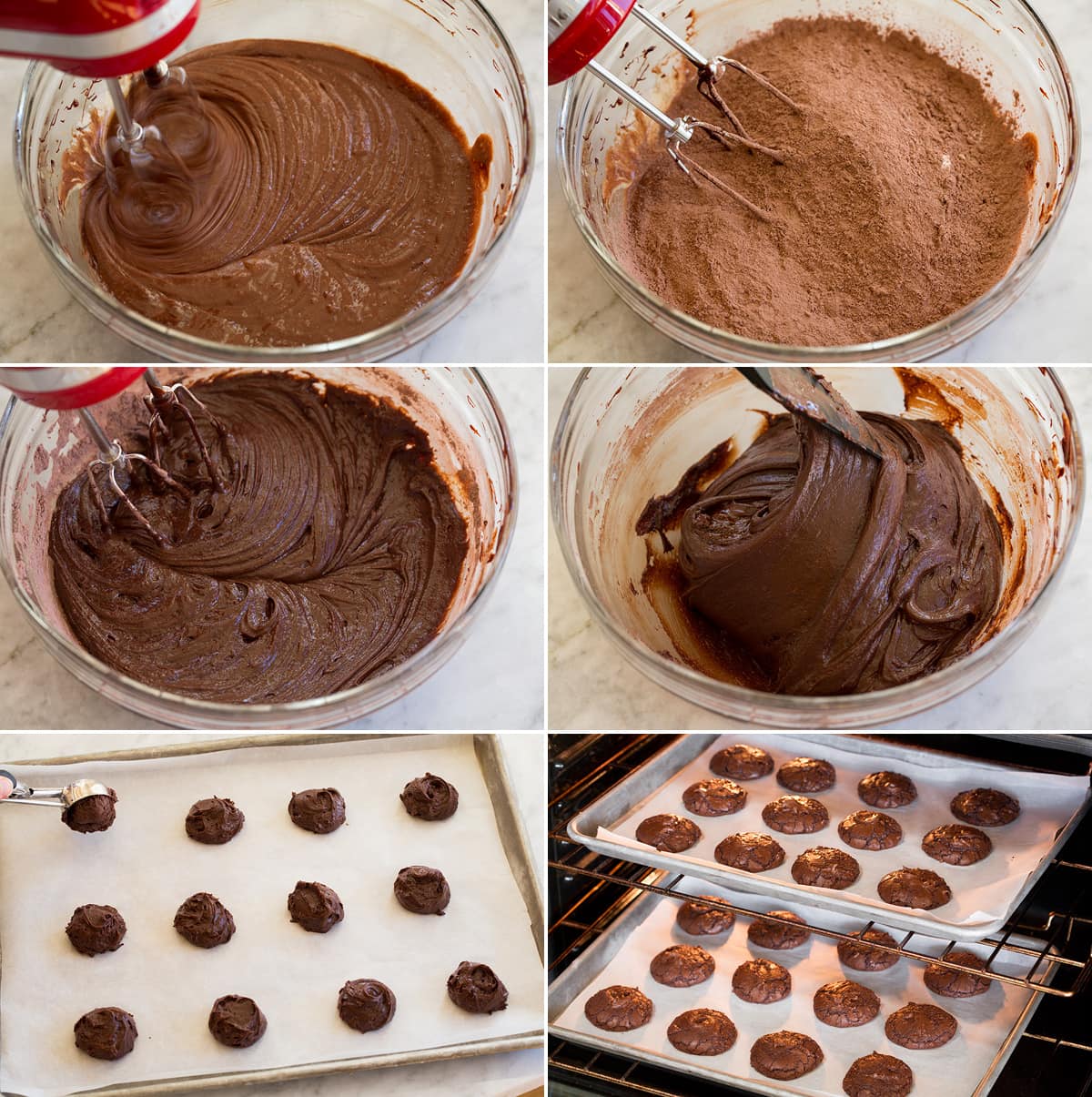 Brownie Cookies Collage of six photos showing how to finish brownie cookie dough and shape onto baking sheets and bake in the oven.