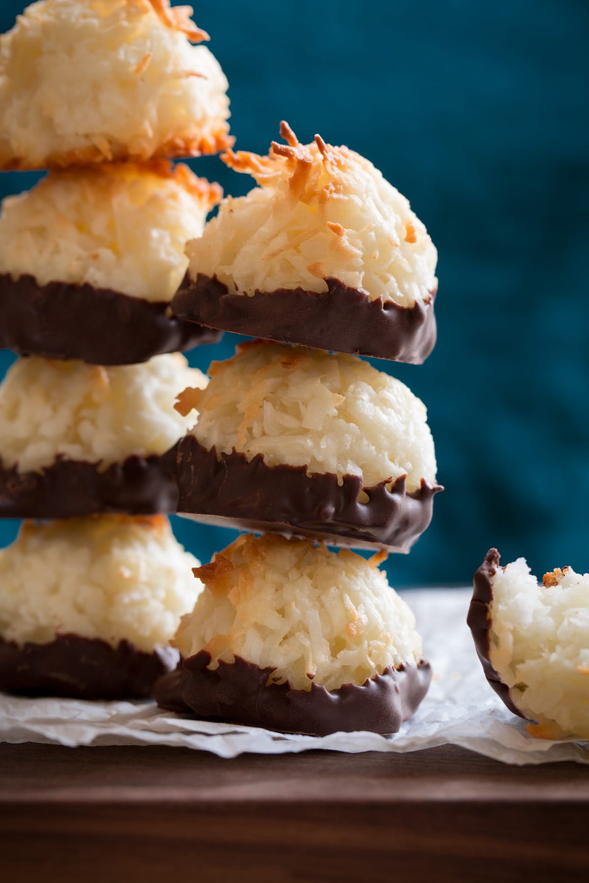 Coconut Macaroons Two stacks of coconut macaroons dipped in chocolate.