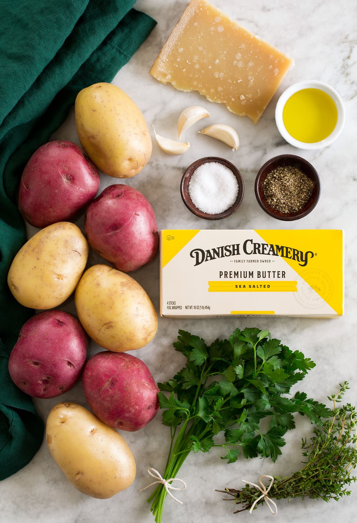 Hasselback Potatoes Ingredients shown that are used to make hasselback potatoes.