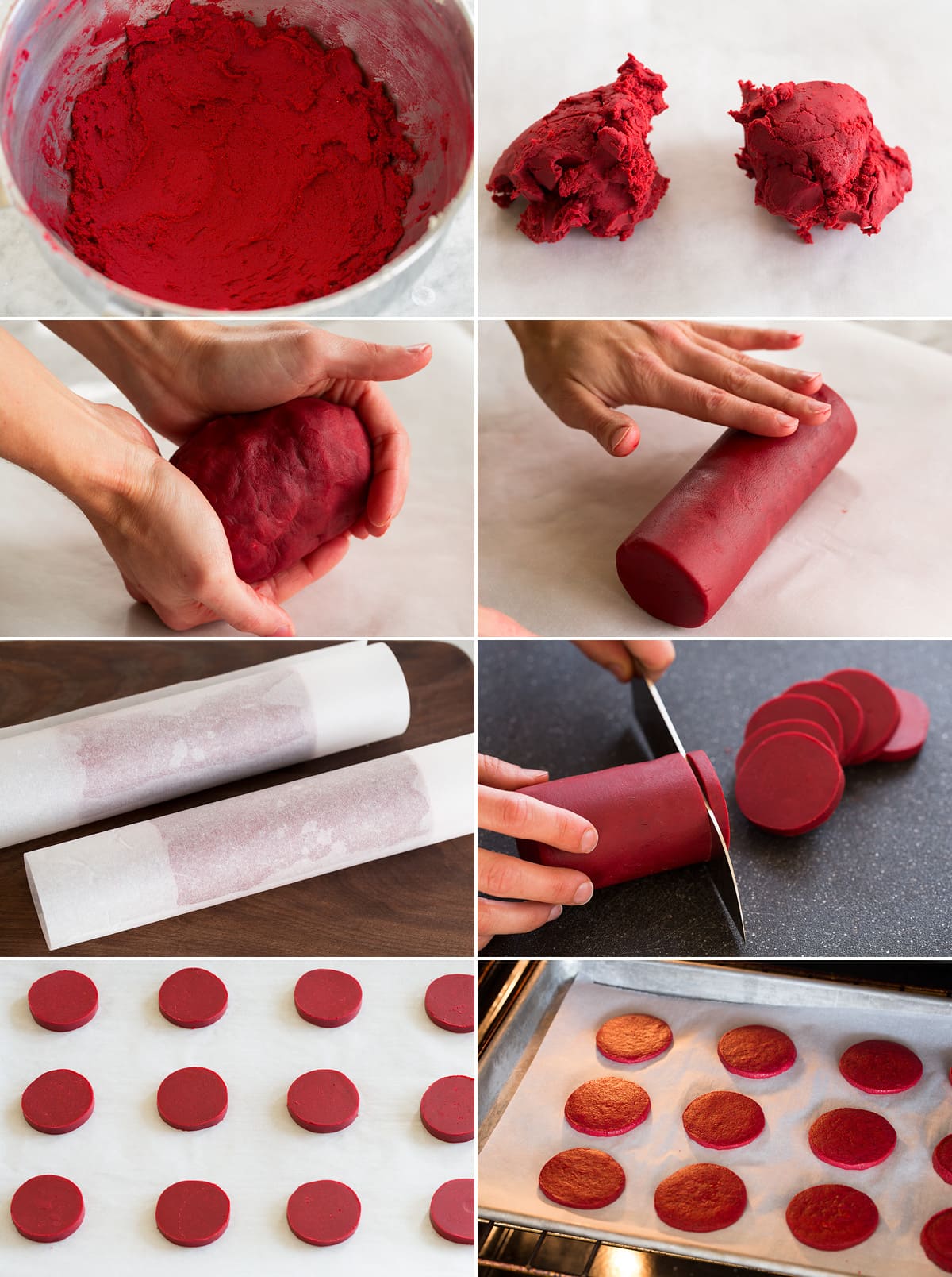 Red Velvet Shortbread Christmas Cookies Collage of eight images showing how to roll, slice and bake red velvet shortbread.