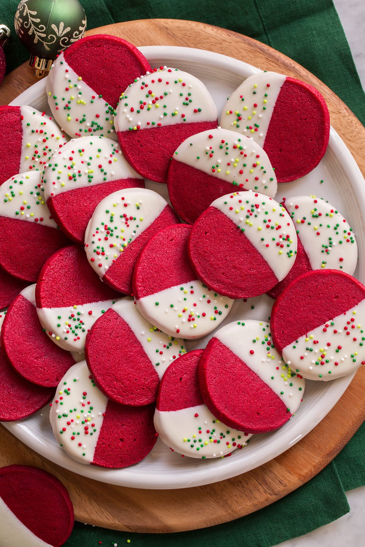 Red Velvet Shortbread Cookies Overhead photo of red velvet cookies.