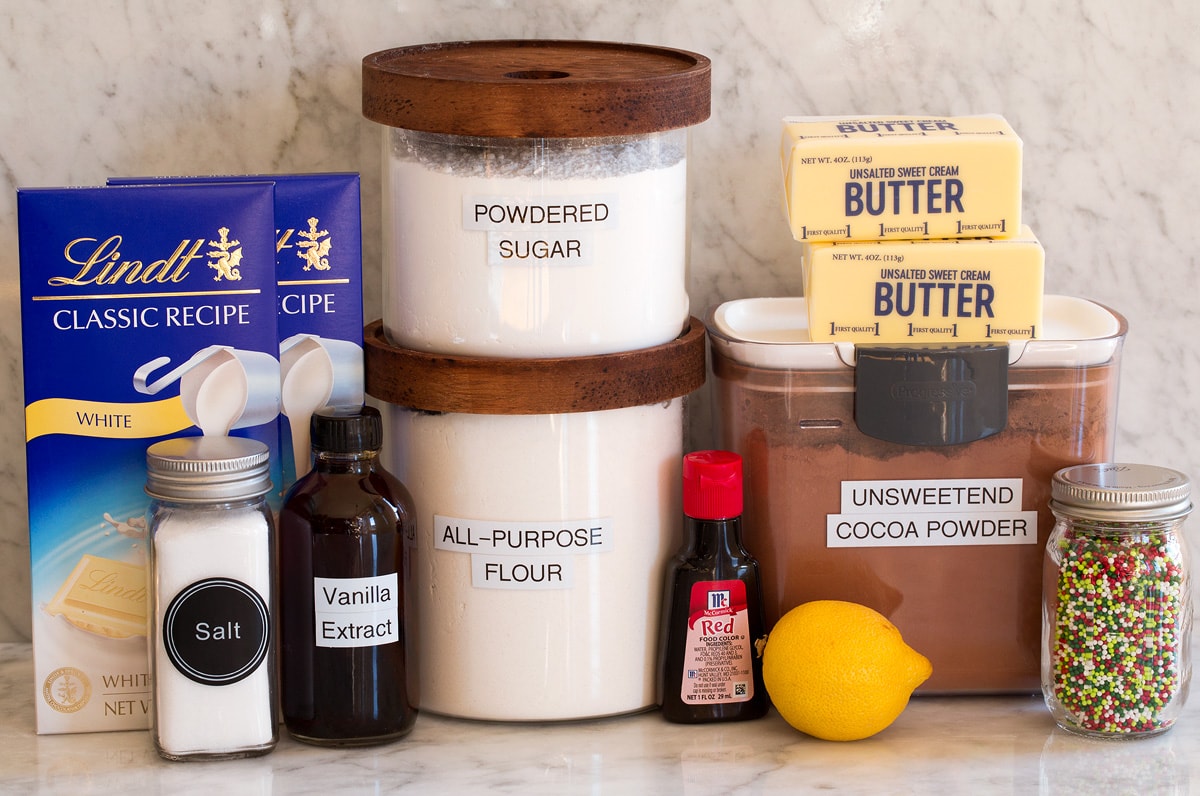 Red Velvet Shortbread Christmas Cookies Photo of ingredients used to make red velvet shortbread cookies.