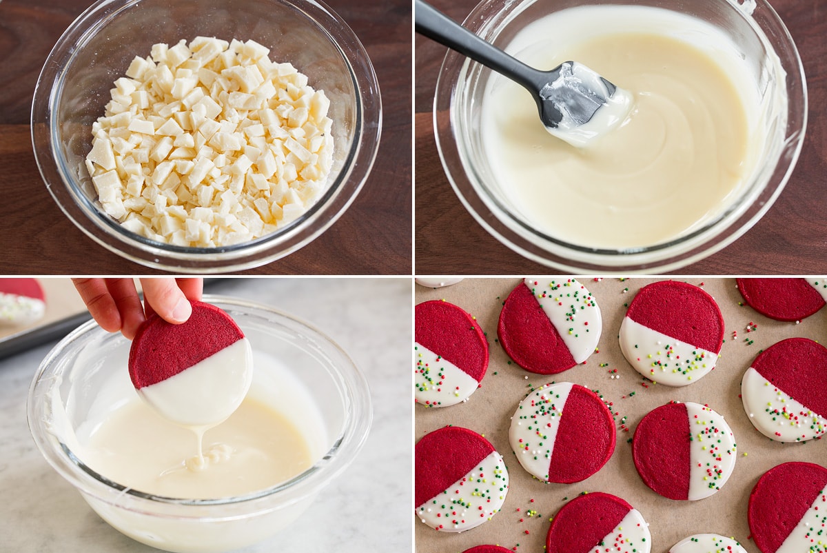 Red Velvet Shortbread Christmas Cookies Collage of four images showing how to melt and dip cookies in white chocolate.