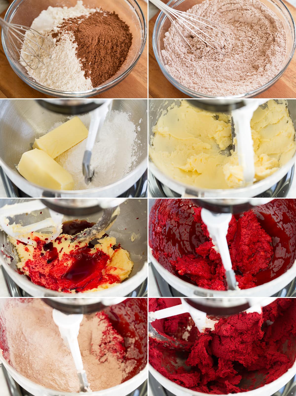 Red Velvet Shortbread Christmas Cookies Collage of eight photos showing how to make red velvet shortbread Christmas cookie batter.