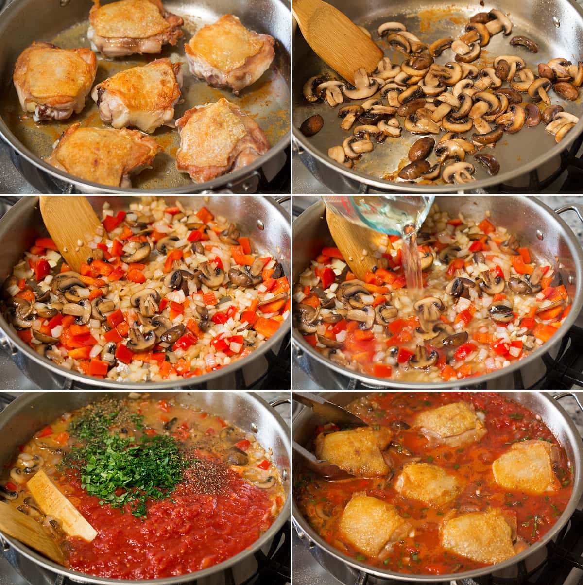 Chicken Cacciatore Collage of six photos showing steps of making chicken cacciatore in a saute pan on the stovetop.