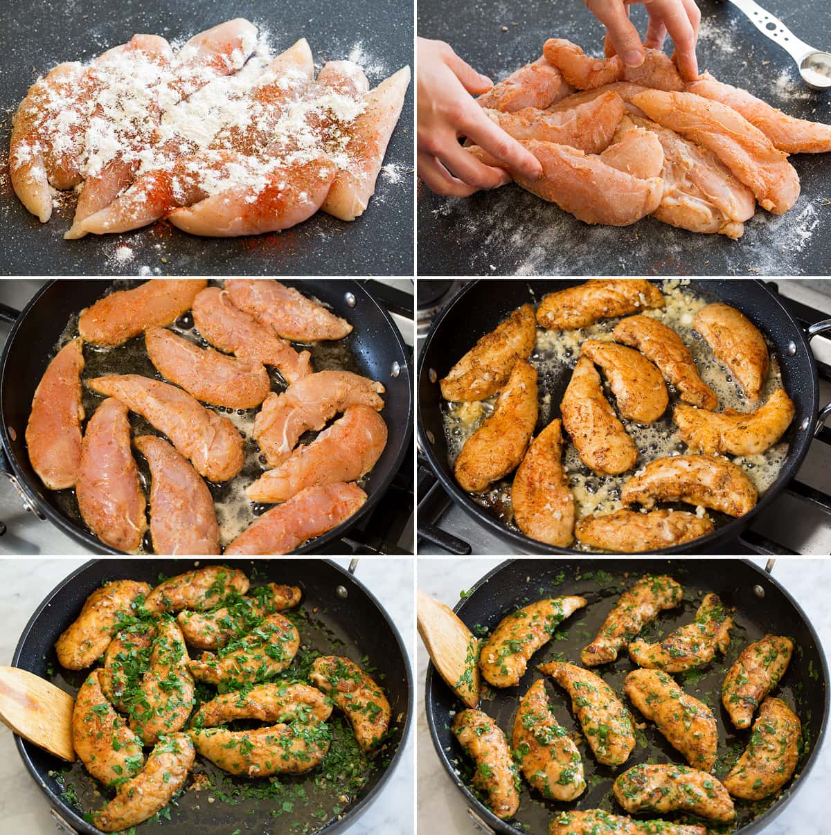 Lemon Butter Chicken Tenders Collage of six images showing how to make pan seared chicken tenders with lemon and butter.