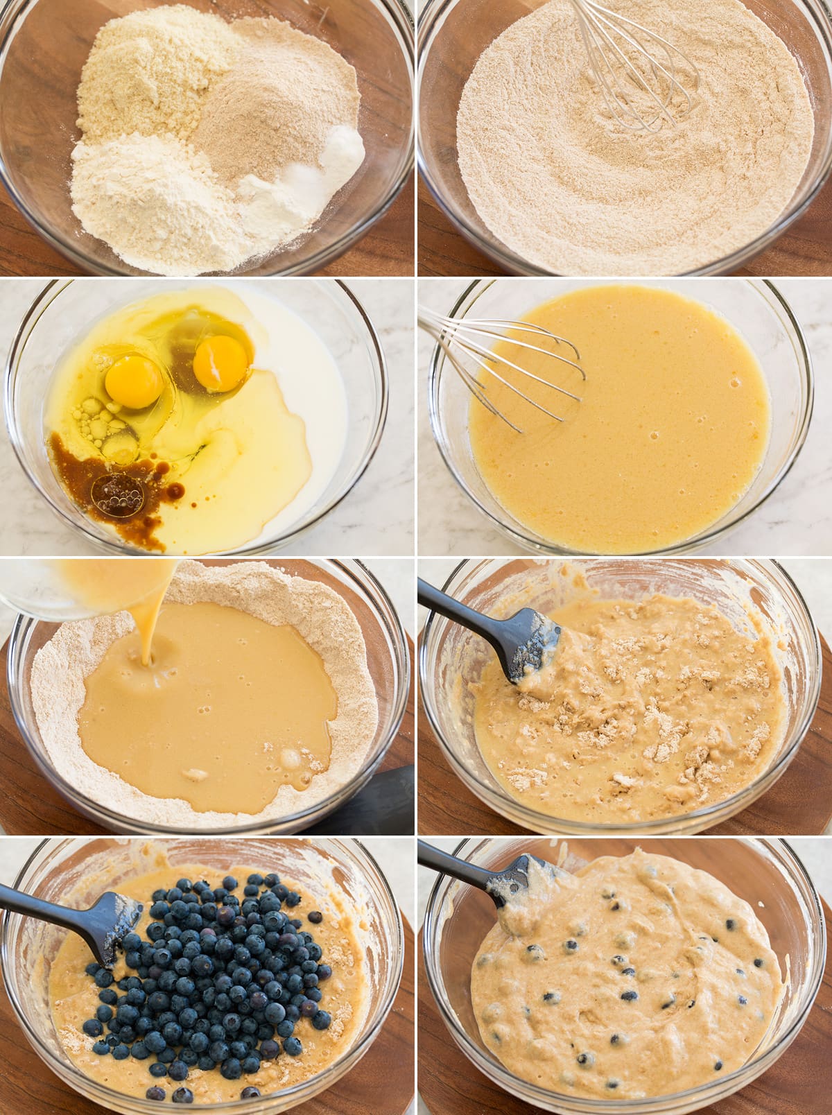 Healthy Blueberry Muffins Collage of eight photos showing steps of making healthy blueberry muffin batter in a glass mixing bowl with a whisk and spatula.