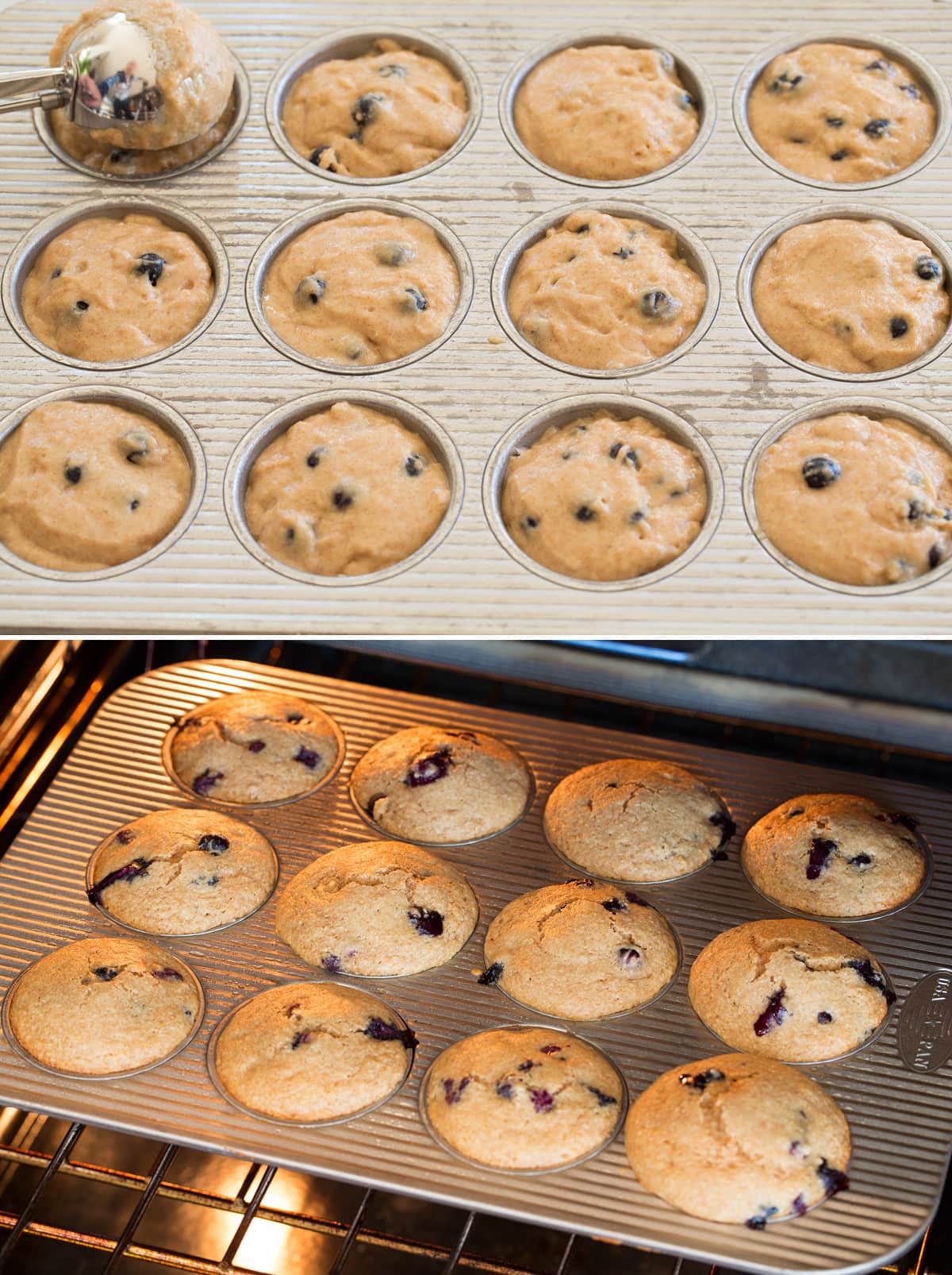 Healthy Blueberry Muffins Muffins shown in pan before and after baking in oven.