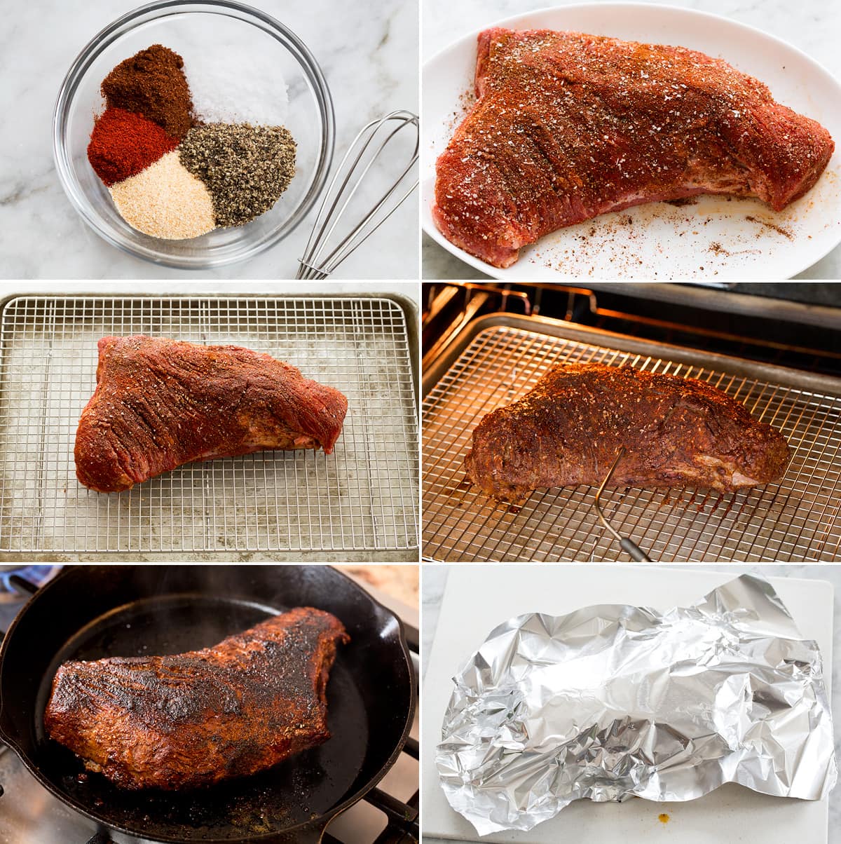 Roasted Tri Tip Collage of six images showing how to make and bake roasted tri tip.