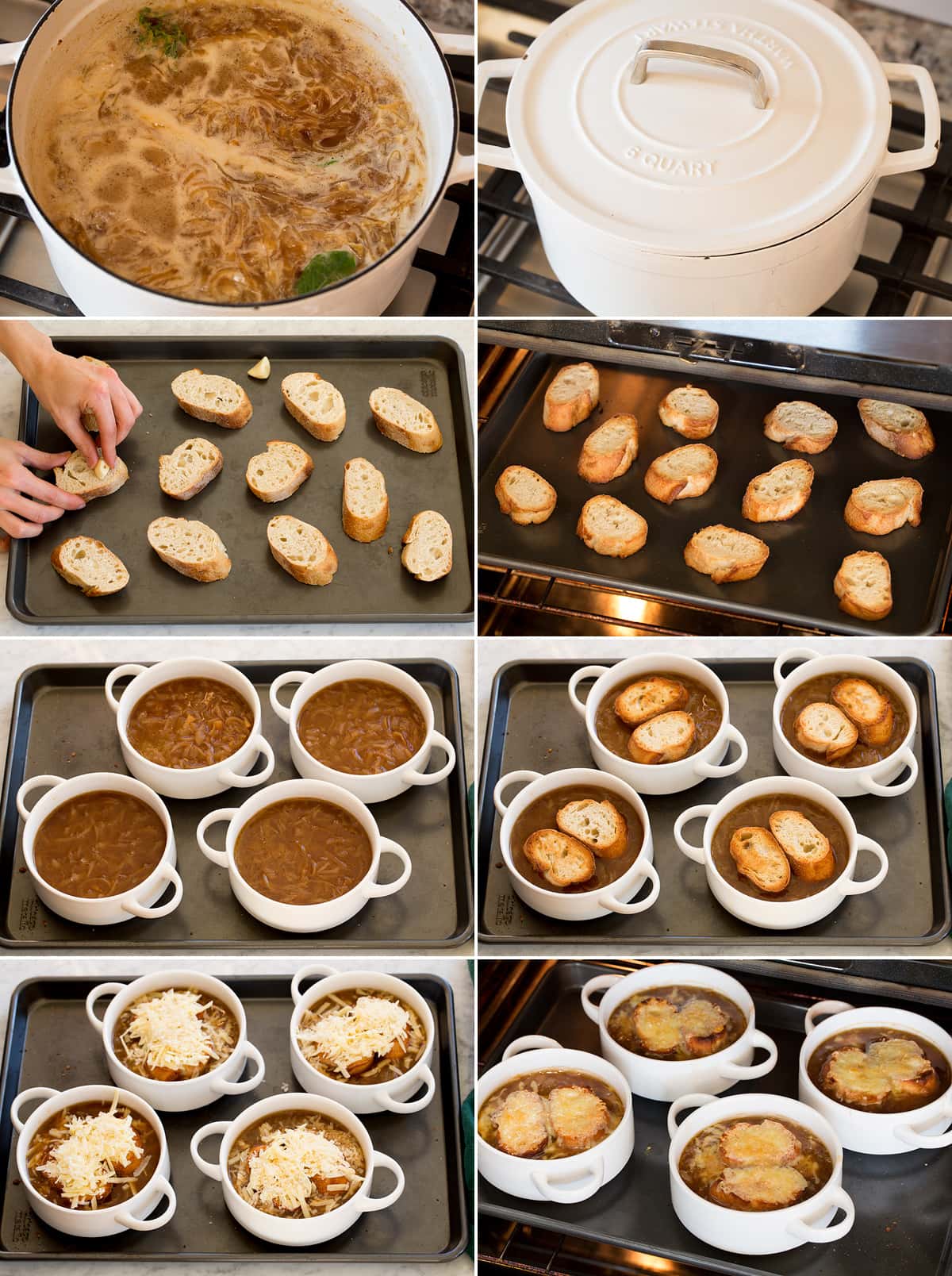 French Onion Soup Collage of eight photos showing french onion soup simmering then topping individual portions with cheese toast.