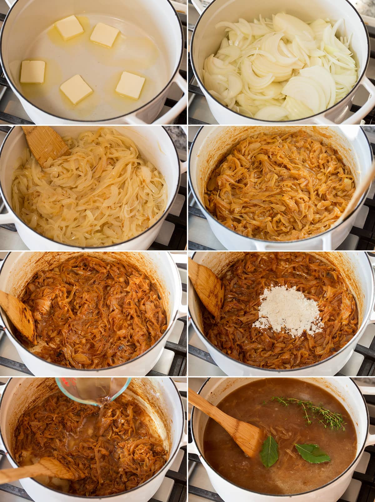 French Onion Soup Collage of eight photos showing how to saute onions for french onion soup and the different shades they should reach to caramlize.