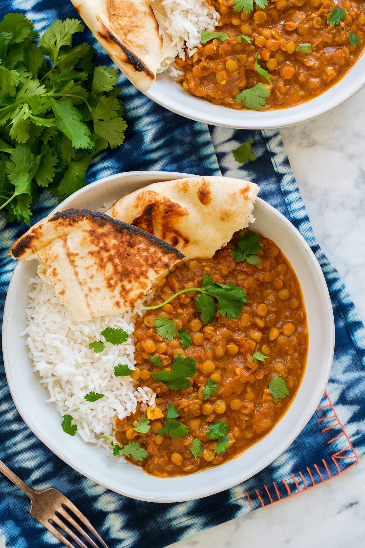Lentil Curry Overhead photo of two bowls of lentil curry.