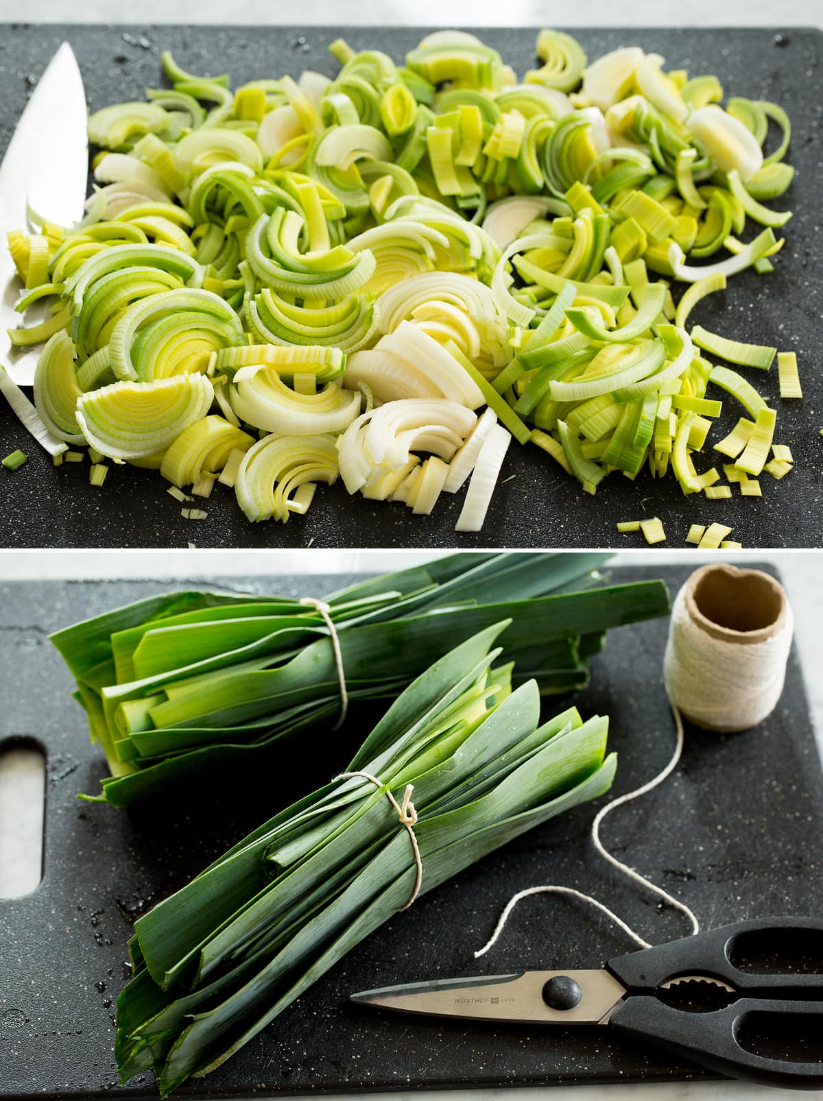 Potato Leek Soup Photo showing how to cut leeks for soup.