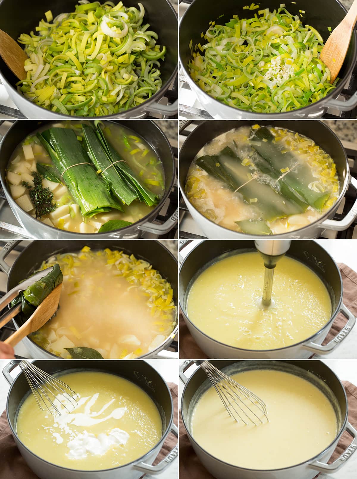 Potato Leek Soup Collage of eight images showing steps of making potato leek soup in a pot on the stovetop.